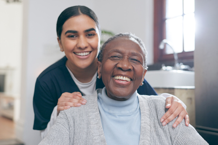 smile, healthcare and portrait of nurse with patient in a wheelchair